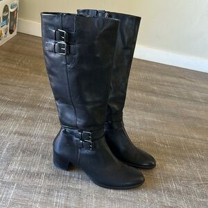 Ecco women’s black leather knee high riding boots sz 40 buckles city